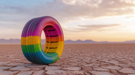Abstract wall of rainbow tires against a backdrop of dry desert and a golden horizon during sunsetの素材