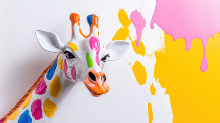 Artistic giraffe sculpture with smooth lines and cascading colorful paints on whiteの素材