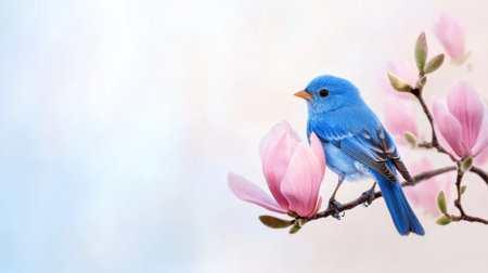 Blue bird nestled among magnolia buds, soft watercolor backgroundの素材