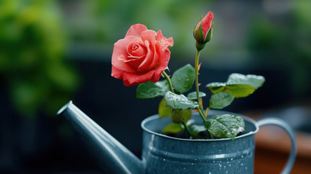 Romantic close-up of a rose in a galvanized watering canの素材