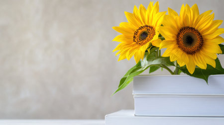 Sunflowers emerging from a white book stack, set against a crisp backdrop of lightの素材
