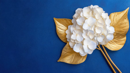 Textured hydrangea and foliage displayed in stylish rose-gold against cobalt blueの素材