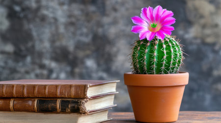 Vibrant cactus blossom growing from a potted succulent resting on vintage book pileの素材
