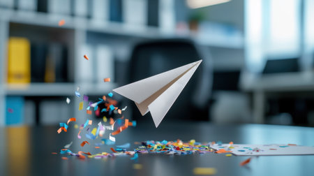 A paper airplane flying through an office with confetti trailing behindの素材