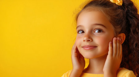 Closeup of mother hands applying sun protection on little girl shoulders, yellow backgroundの素材