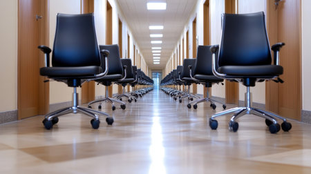 A line of office chairs racing down a hallwayの素材