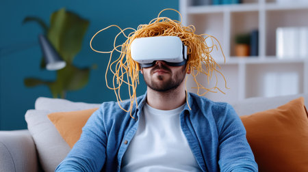 A man sitting on a couch wearing VR goggles with spaghetti noodles tangled in his hairの素材
