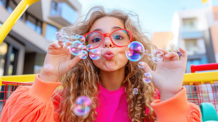 A girl blowing bubbles while sitting inside a shopping cartの素材