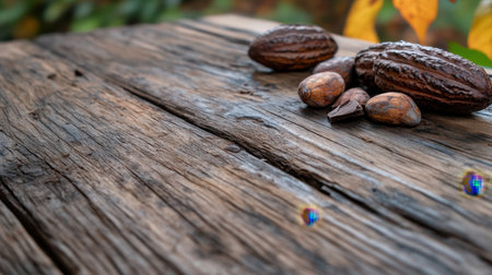 Close detail of cocoa pods and beans, rustic wooden table offers a natural, authentic chocolate storyの素材