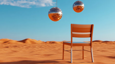 A single chair in the middle of a desert with a disco ball hanging above itの素材