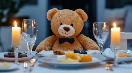 A teddy bear seated at a dinner table with lit candles and fancy dishesの素材