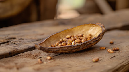 Brown and golden cocoa pods open to reveal beans, natural wood table backdrop for food or farming conceptsの素材