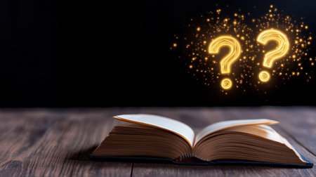 Knowledge and doubt represented with glowing question marks above book on dark wooden surface, black backdropの素材