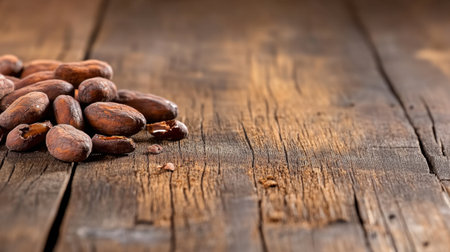 Cocoa farming closeup with pods on rustic wood, organic texture and warm tones for product or educational useの素材