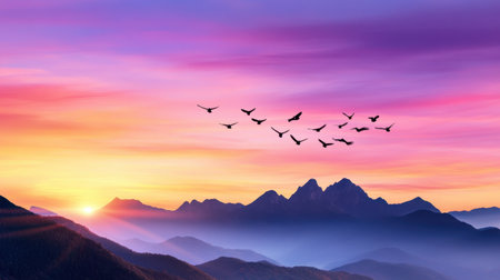 A flock of birds flies across a radiant sunset sky above jagged mountain silhouettesの素材