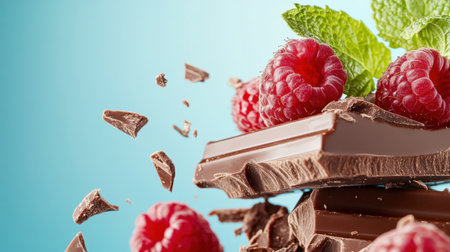 Bright and tasty splash of chocolate with red raspberries and green mint on blue backgroundの素材