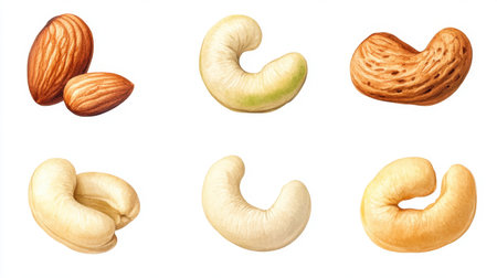 Cashew nuts and almond watercolor illustration, snack food clipart set on white backgroundの素材