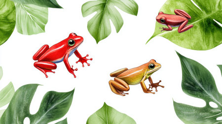 Bright green and red frogs in tropical seamless watercolor pattern with a clean white backdropの素材