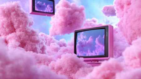A pink-hued sky filled with fluffy clouds and floating TVs showing surreal dream sequencesの素材