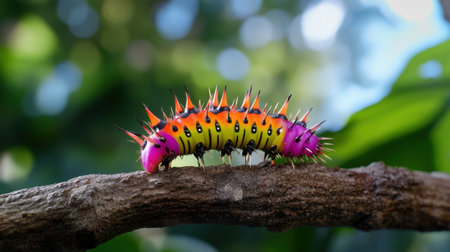 Brightly colored caterpillar with spines, magnified in macro as it crawls along a rough branch in forestの素材