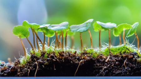 Close-up macro of a newborn plant, fine root hairs visible beneath tender green sprouts emerging in moist soilの素材