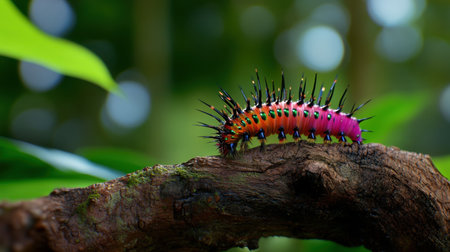 Brightly colored caterpillar with spines, magnified in macro as it crawls along a rough branch in forestの素材