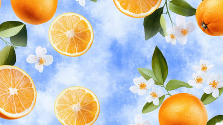 Citrus fruits and blossoms in a watercolor summer design, fresh and vibrantの素材