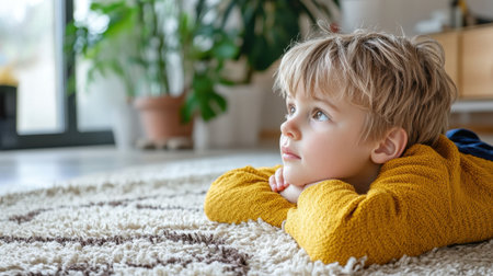 Child relaxing on cozy rug, sunlight and texture in focus, quiet indoor momentの素材