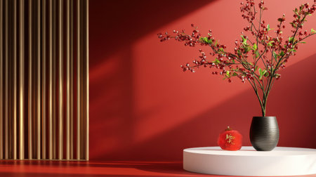 Chinese New Year theme red mockup podium with minimal shadows and celebratory elementsの素材
