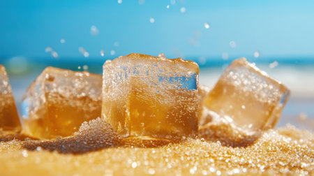 Close-up of chilled coconut jelly cubes with condensation, set against golden sand and seaの素材
