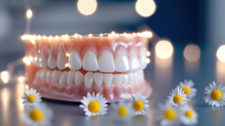 Clean white teeth glowing like lights with yellow-centered daisies scattered belowの素材