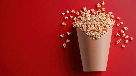 Cardboard box of popcorn on red backdrop, kernels forming heart for cinema loversの素材