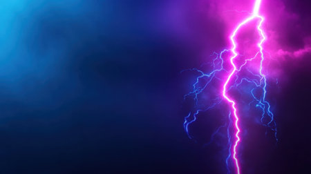 Abstract neon light bolt with vibrant electric glow, purple-blue tone thunder symbol on dark gradientの素材