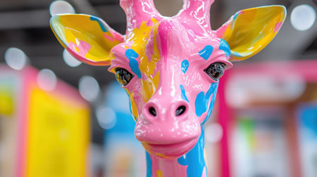 Close-up of a giraffe statue in splattered, melting hues of neon pink, blue, and yellowの素材