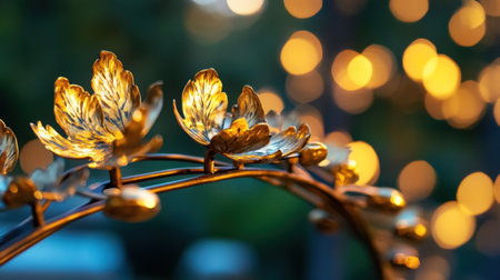 Close-up of intricate garden sculpture, highlighted by golden lightの素材