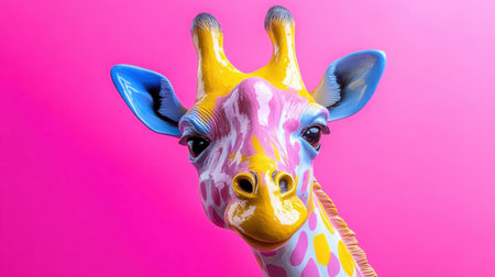 Close-up of a giraffe statue in splattered, melting hues of neon pink, blue, and yellowの素材