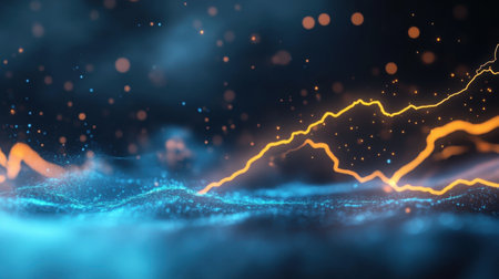 Blue electric waves collide with hot orange lightning in an abstract power surgeの素材