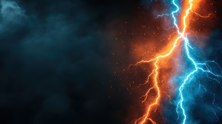 Dual-colored lightning background, cold blue strikes and fiery orange arcs intertwinedの素材