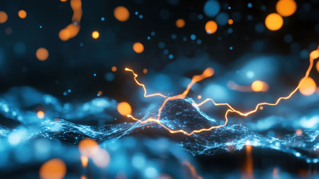 Blue electric waves collide with hot orange lightning in an abstract power surgeの素材
