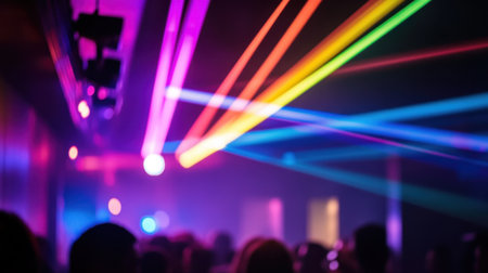 Bright laser beams crossing in a dark nightclub, glowing in rainbow hues, perfect for club or DJ backdropの素材