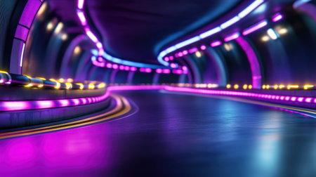 Digital race track with high-speed neon lights, swirling motion and futuristic blur effects in purple tonesの素材