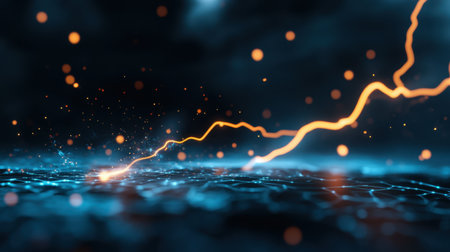 Blue electric waves collide with hot orange lightning in an abstract power surgeの素材