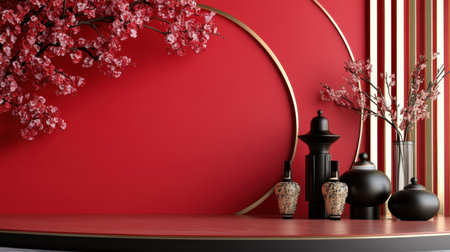 CNY product showcase podium with red backdrop and traditional cultural elementsの素材