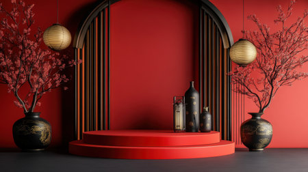 CNY product showcase podium with red backdrop and traditional cultural elementsの素材