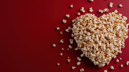 Classic movie popcorn in heart shape, salted kernels on red flat layの素材