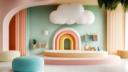 Colorful baby display room with toy elements, cloud-themed platform and pastel rainbow decorの素材