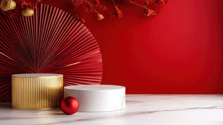 Elegant CNY concept with podium, paper fans, and abstract red textures in backgroundの素材