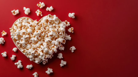 Classic movie popcorn in heart shape, salted kernels on red flat layの素材