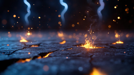Futuristic battle of fire and ice with thunder sparks and glowing crack effectsの素材