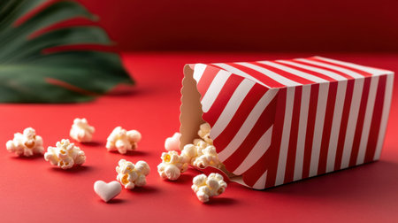 Striped popcorn box on bright red background, heart-shaped popcorn scatteredの素材